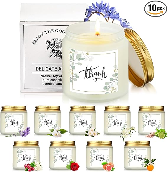 Coume 10 Pcs Employee Appreciation Gift for Teacher Soy Wax Scented Glass Jar Candles 3.5 oz Thank You Gift for Baby Shower Women Wedding Bridal Shower, 10 Fragrance(Fresh Scent)
