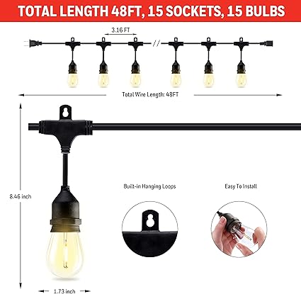 Honeywell 48 FT Outdoor String Lights, Commercial Grade Waterproof LED Patio Lights, 15 Plastic E26 Bulbs, Create Cafe Lighting Ambience in Your Backyard