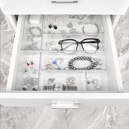 Drawer Organizers Set of 15, 4 Sizes Clear Plastic Drawer Organizers and Storage Bins for Kitchen, Bathroom, Office, Dresser Desk Drawer Organizer Tray for Jewelry, Makeup, Junk, Gadgets