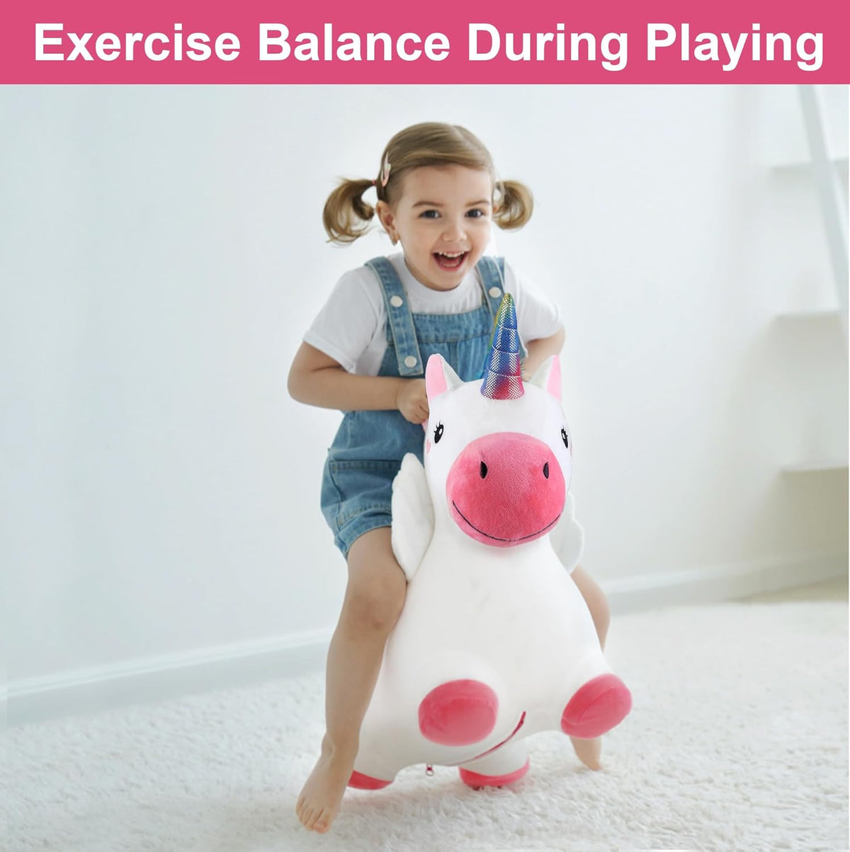 iPlay, iLearn Bouncy Pals Hopping Unicorn Horse, Toddler Girl Inflatable Bouncing Animal Hopper Toy, Outdoor Indoor Plush Ride on Bouncer, Baby Birthday Gift 18 Month 2 3 4 Year Old Kid - Unicorn (Does not include air pump)