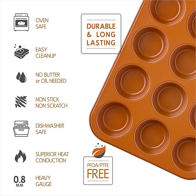 Non Stick Ceramic Coated Copper Muffin Pan 12 Cups Professional Healthy cupcake pans Even Baking, Dishwasher and Oven Safe