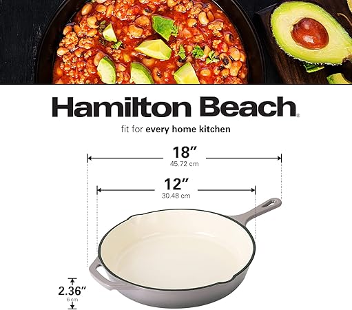 Hamilton Beach Enameled Cast Iron Fry Pan 12-Inch Gray, Cream Enamel coating, Skillet Pan For Stove top and Oven, Even Heat Distribution, Safe Up to 400 Degrees, Durable