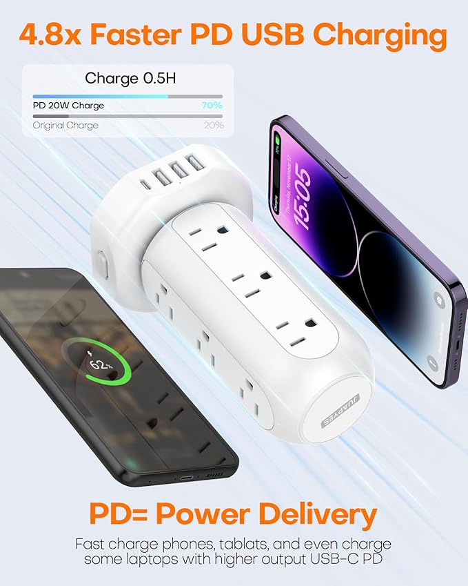 Power Strip Tower PD 20W 12 Outlets and 4 USB Ports Flat Plug Surge Protector with (1 USB C PD 20W) 6.5FT (13A) Travel Power Strip with USB Ports for Home Office Supplies