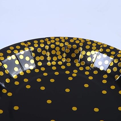 Aneco 60 Pieces 7 Inches Black Bronzing Disposable Paper Plates Dinnerware Plates Gold Foil Polka Dot Plates for Party Graduation Wedding Anniversary Birthday