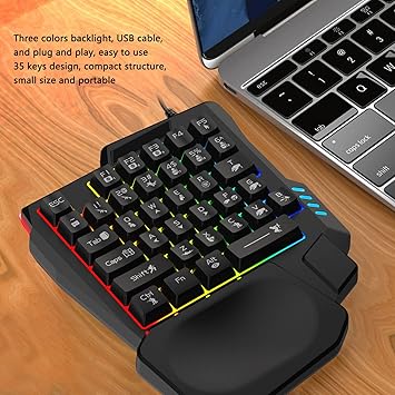Sazao One Handed Gaming Keyboard, Three Colors Backlight Wide Palm Rest 35 Keys Gaming Keyboard for Computer for Mobile Games