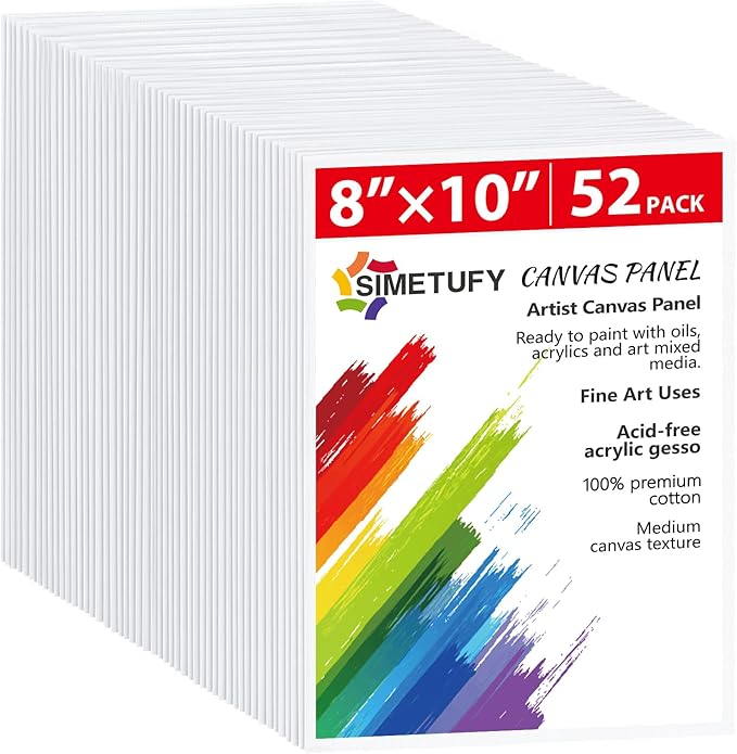 Simetufy Canvas Boards for Painting 52 Pack 8 x 10 Inch Blank Flat Canvas Panels 100 Cotton Pre-Primed for Acrylic Oil Paint