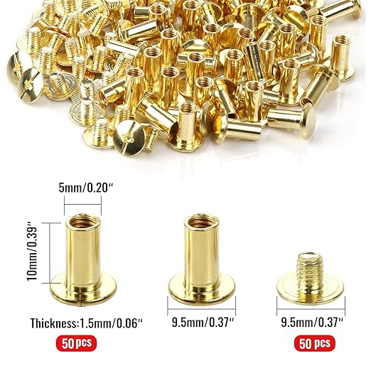 Chicago Binding Screws - 5mm x 10mm Binding Posts - 9.5mm Phillips Nut - Chicago Screw Binding Post Screw Kit for DIY Leather Decoration Scrapbook Photo Albums Bookbinding (Gold, 50 PCS)