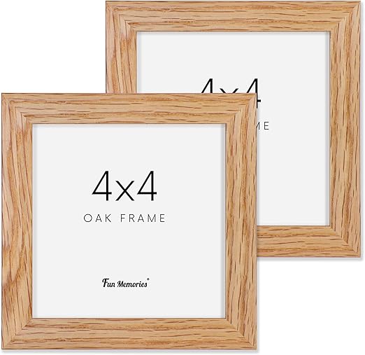 4x4 Picture Frame, Solid White Oak Wood Frame 4 by 4, 4 x 4 Square Photo Frame with Tempered Real Glass, Rustic Wooden Frame 4"x4" for Wall & Tabletop Display, Natural Color, Set of 2