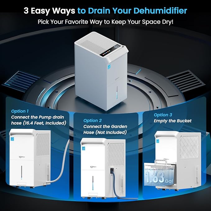 5,000 Sq.Ft Most Efficient Energy Star 2024 Dehumidifier with Pump,Vellgoo Max 150 Pint/D (Standard 80 Pint/D) Compressor Dehumidifier for Basement with Drain Hose, Smart Humidity Control
