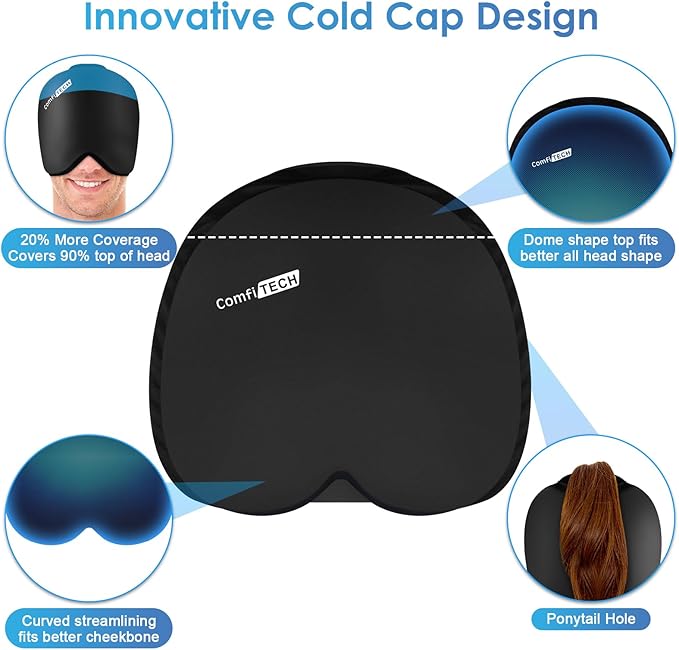 ComfiTECH Head Ice Pack Wrap Cold Cap Cooling Gel Hat, Large, Black