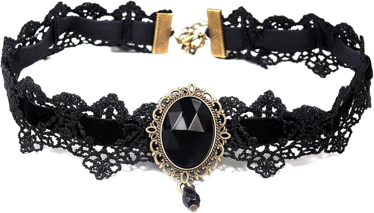 Pingyongchang Lace Choker Necklace Black Lace Crystal Choker Necklace for Women Halloween Weeding Costume Party Prom Vampire Pendant Choker for Women Gothic Jewelry