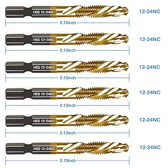 6-pc 12-24NC Combination Drill Tap Bit Set SAE, 12-24NC Thread Size, Titanium Coated High-Speed Steel, Ideal for Drilling Threading and Countersinking in Soft Metal Wood and Plastic, 14 Hex Shank