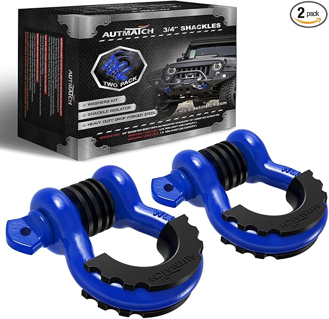 AUTMATCH D Ring Shackle 34" Shackles (2 Pack) 41,887Ibs Break Strength - Clevis Shackle with 78" Screw Pin and Shackle Isolator Washers Kit for Tow Strap Winch Off Road Vehicle Recovery, Blue