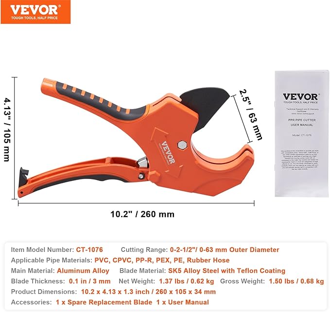 VEVOR PVC Pipe Cutter, Up to 2-12" O.D. Ratchet Pipe Cutter Heavy Duty, Professional Tube Cutting Tool with SK5 Steel Blade Ergonomic Handle, Uses for PVC, CPVC, PP-R, PEX, PE, Rubber Hose