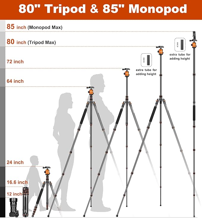 8085 inches Heavy Duty Tripod for Camera and Phone, 85" Camera Monopod Tripods, DSLR Binoculars Spotting Scope Camcorders Video Tripod Stand, 360 Degree Ball Head, 35 lbs Loads