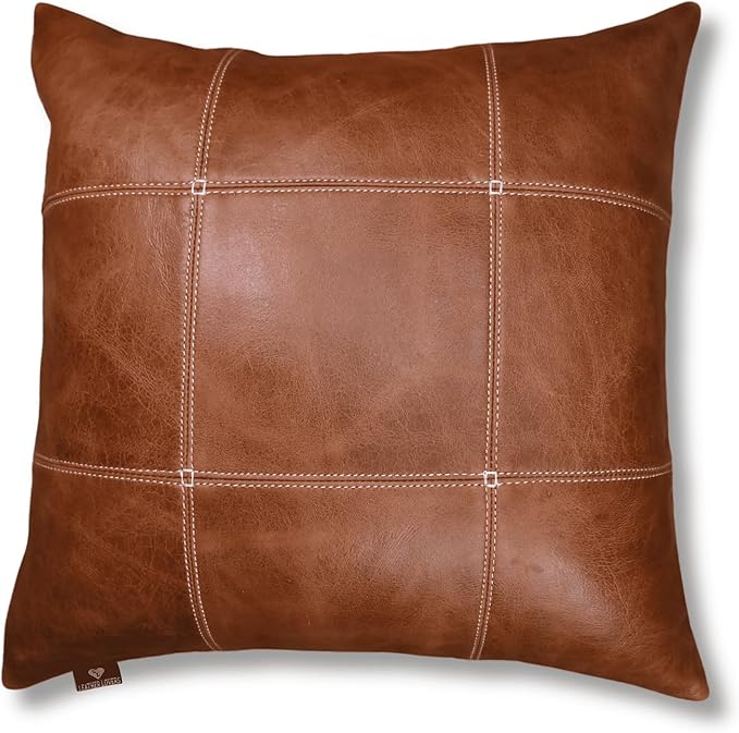 LL LEATHER LOVERS Genuine Lambskin Leather Pillow Cover, 16x16 Inch Case for Lumbar Throw Couch Pillows, Thick Soft Cushion Covers for Sofa Bed Home Decor (Square Grid Antique Brown Pack of 2)
