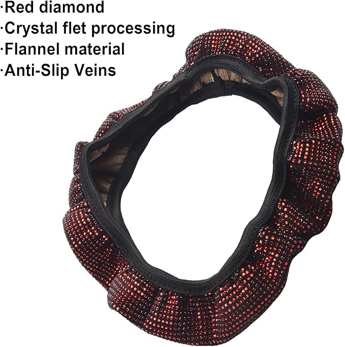 Steering Wheel Cover Women 15 inches Red Diamond Car Steering Wheel Cover Sparkling Anti-Slip Design with Comfortable Flannel Material