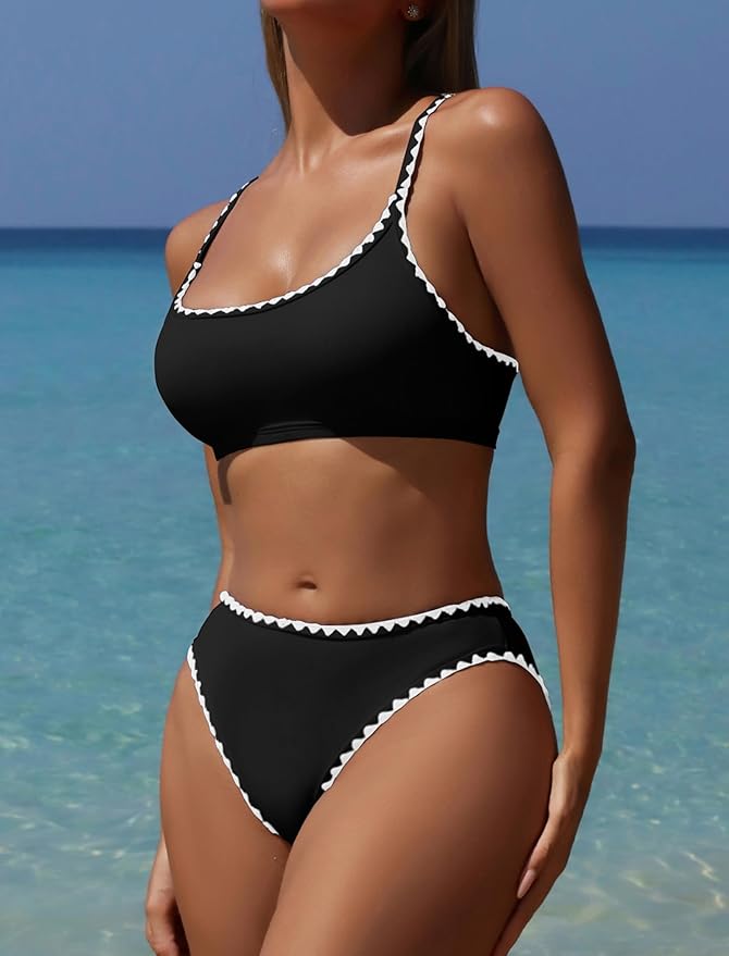 ZAFUL Women's Bikini Set Criss Cross Back Two Piece Swimsuits Scoop Neck Splicing Lace Up Textured Bathing Suits