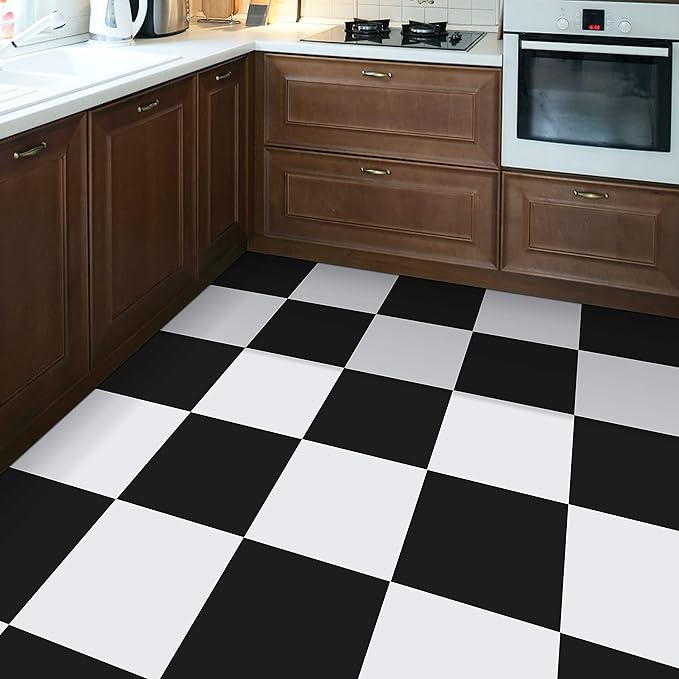 Vinyl Flooring Peel and Stick Floor TileCoverings 12in12in Easy to Install and Waterproof for Bathroom and Kitchen (10 PCS, Black and White)