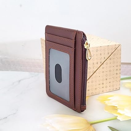 CATCH ON Small Wallet Women & Men, Slim Minimalist Faux Leather Front Pocket Credit Card Holder With Zipper Pocket (brown)