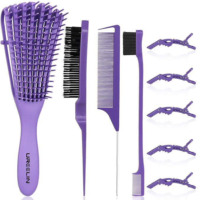 Detangling Brush set,Detangler Hair Brush with Teasing & Edge Brush for Curly Hiar, Rat Tail Comb Alligator Hair Clips for 3a to 4c Kinky Wavy/Curly/Coily/Wet/Dry/Oil/Thick/Long Hair(Purple)