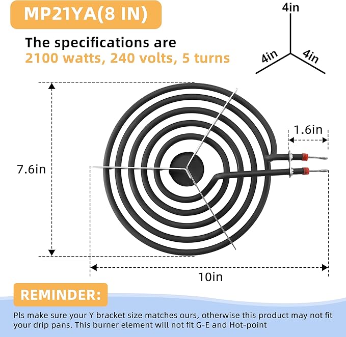AMI PARTS MP21YA Electric Range Burner Surface Element (8 Inch) Compatible with Whirl-pool May-tag Ken-more Stove Burner Surface Element