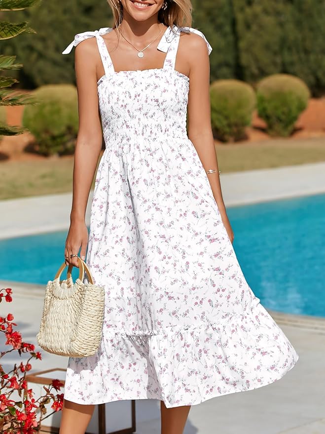 Imily Bela Womens Summer Dress Tie Strap Boho Floral Square Neck Smocked Ruffle A Line Beach Maxi Dresses
