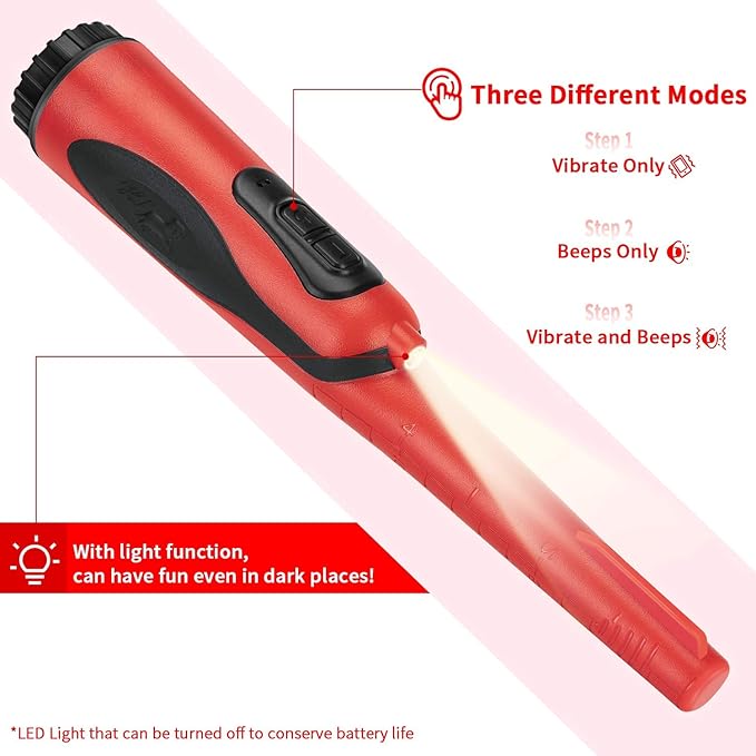 5M Waterproof Metal Detector with Adjustable LED Light, 3 Detection Modes (Sound, Vibration, Sound Vibration) for Outdoor Treasure Hunting and Professional Use