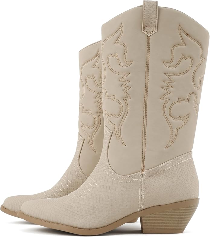 Soda TELLER Women's Western Cowboy Boots with Stitched Detailing, Pointed Toe, and Low Block Heel