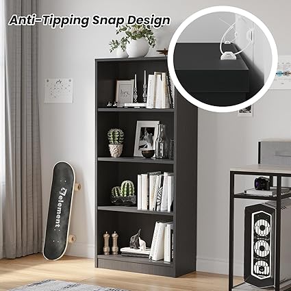 STARY Bookcase Freestanding 4 Shelf Wood Bookshelf Adjustable Shelves for Home Office,4 Layer, Grey