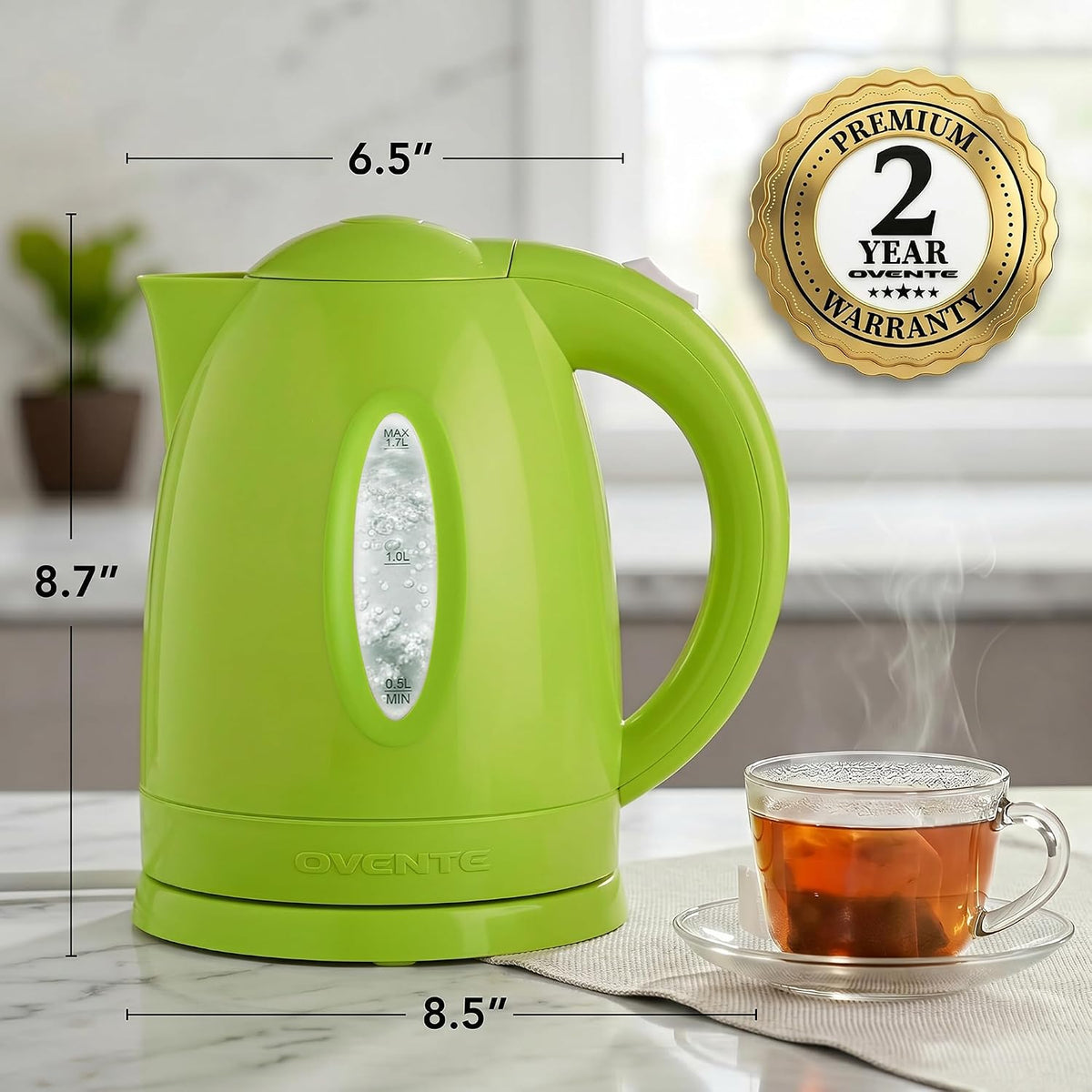Electric Kettle, 1.7L Fast Boiling Water Heater for Coffee or Tea, BPA Free with Water Level Gauge, Auto Shut-Off, Boil-Dry Protection, Indicator Light and Removable Filter, Green KP72G