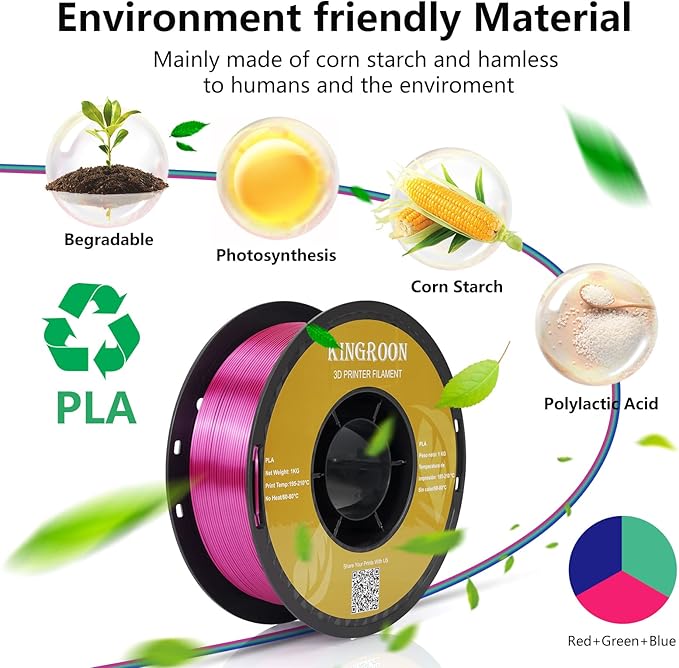 Kingroon PLA 3D Printer Filament, Triple Color Silk PLA Filament, Dimensional Accuracy +/- 0.03 mm, 1 kg Spool(2.2lbs), 1.75 mm, Red Blue Green