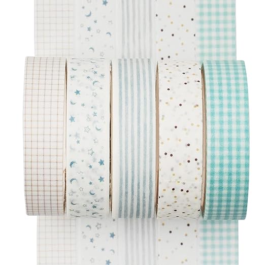 YUBX 5 Rolls Washi Tape Set Creative Basic Skinny Decorative Tapes for Arts, DIY Crafts, Journals, Planners, Scrapbooking, Wrapping (Cyan Dew)