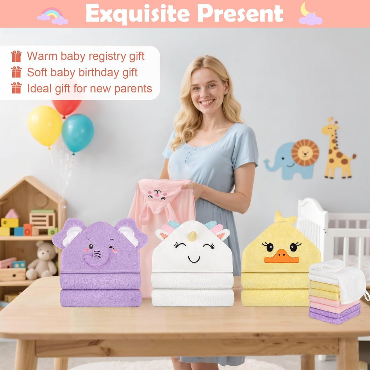 CandyHome 12 PCS Baby Bath Towels for Infants Toddlers, 4 PCS Animal Hooded Baby Towels & 8 PCS Washcloths Set, Ultra Absorbent Soft Cute Newborn Bath Essential Gifts for Boys & Girls