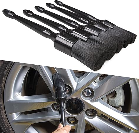 Car Detailing Brush Set, 5 Pack Auto Black Detail Brushes, Comfortable Grip and Scratch-Free Cleaning Brush for Car Interior or Exterior, Wheels, Tires, Engine Bay, Leather Seats, Door Panels, Emblems