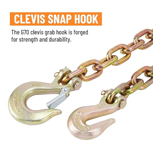 3/8" Binder Chain with Clevis Grab Hooks, 8 FT Trailer Safety Chain, Grade 70 Standard Duty Transport Tow Chain 6,600 Pound Safe Working Load