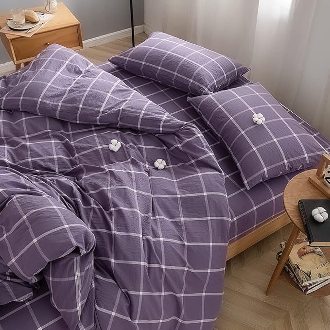 FACE TWO FACE Bedding Duvet Cover Set 3 Pieces 100 Washed Cotton Duvet Cover Linen Like Textured Breathable Durable Soft Comfy(Queen, Purple Grid)