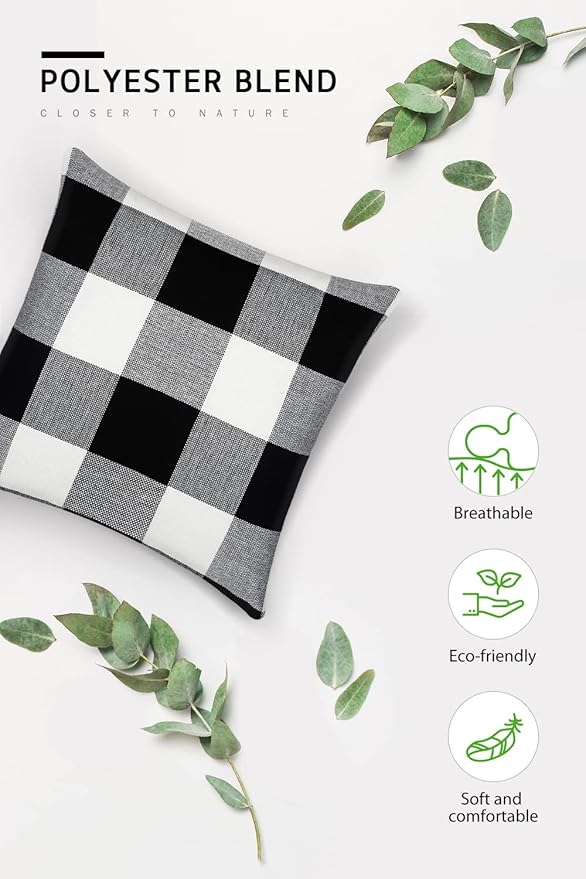 Syntus Set of 2 Buffalo Check Throw Pillow Covers Farmhouse Outdoor Plaid Square Pillow Cushion Case Black and White Polyester Linen for Christmas Thanksgiving Decor Car Bed Sofa, 18 x 18 inches