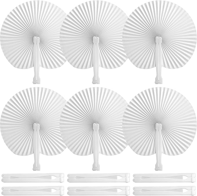 JOHOUSE Decorative Round Hand Fan Foldable, 12 Packs White Folding Fans Handheld Chinese and Japanese Style Crafts for Wedding, Dancing, Party Favors DIY Decoration