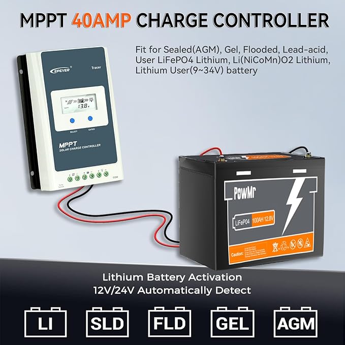 EPEVER 40amp MPPT Solar Charge Controller 12V24V Auto, Negative Grounded 40A Solar Panel Charge Regulator w LCD Display for 12V24V Gel Sealed Flooded and Lithium Battery