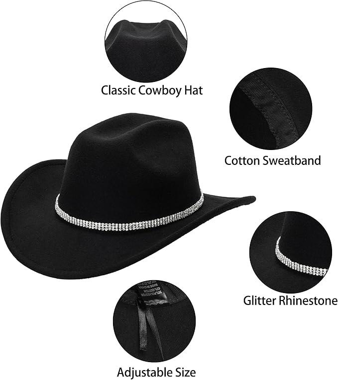 Women-Rhinestone-Western-Cowboy-Hats - Vintage-Wide-Brim-Cowgirls-Hat Bling-Diamond-Hat for Disco Music Party M/L