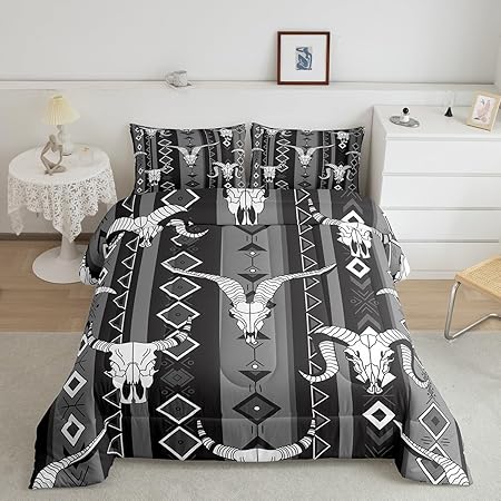 Western Boho Bedding Sets Queen Bull Skull Cowboy Quilt Set Black White Grey Southwestern Aztec Comforter Set for Teen Boys Men Ethnic Tribal Geometric Diamond Duvet Insert Southwest Room Decor 3 Pcs