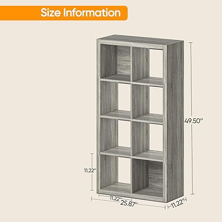 Bookshelf with Storage Bins, 8-Cube Storage Organizer with Back Panels, Modern Wood Open Bookcase, Multifunctional Display Shelf for Living Room, Bedroom, Home Office, Gray Oak