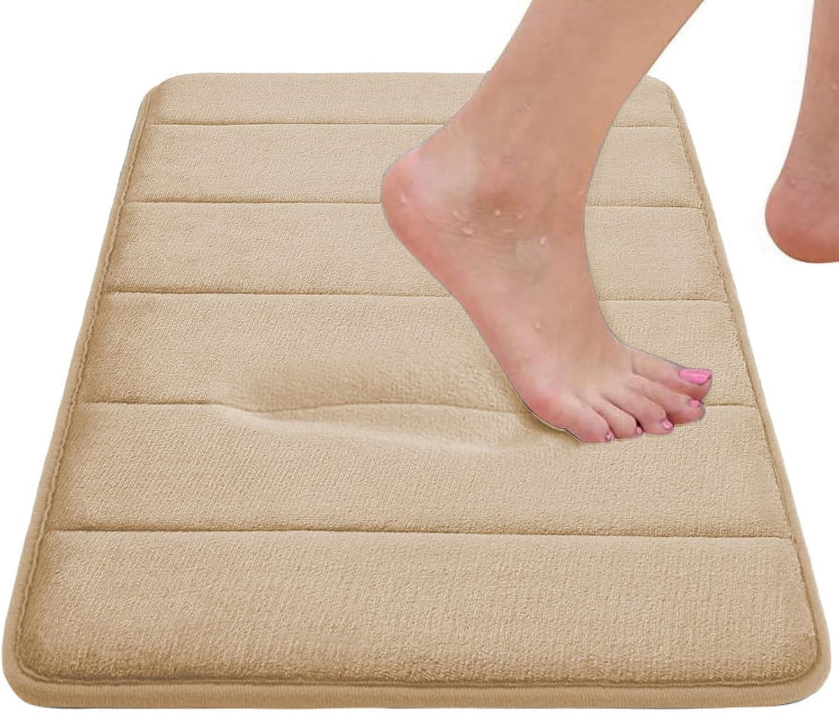 Memory Foam Bath Mat Set 3 Piece, Soft and Comfortable, Super Water Absorption, Non-Slip, Thick, Machine Wash, Easier to Dry for Bathroom Floor Rug, Beige Toilet Rug Bathroom Set (PVC backing design looks different than picture)