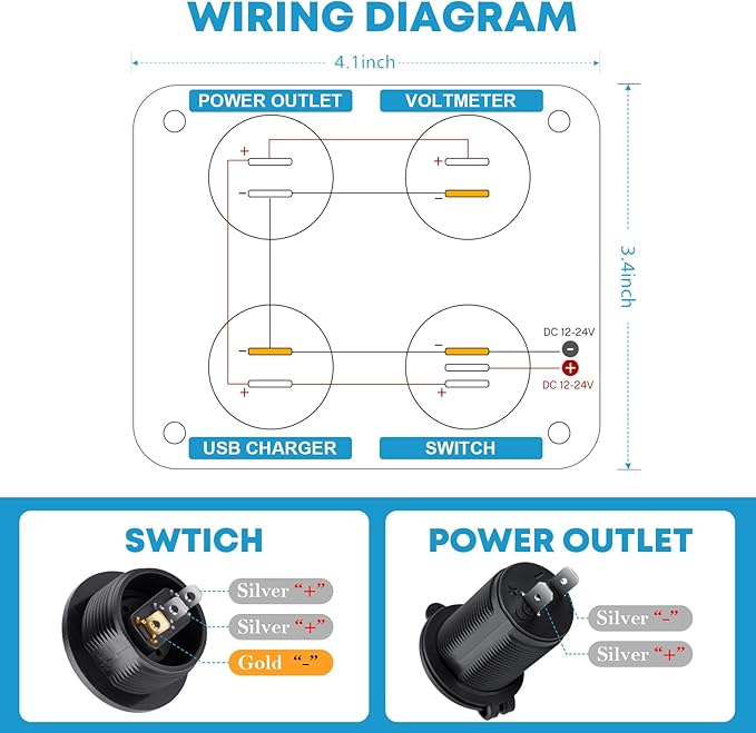 Upgraded Kohree 12V USB Outlet with Individual Switch, 4 in 1 USB C Marine Socket Panel Waterproof Rocker Toggle Switches with QC3.0 USB & Type C PD Port, Cigarette Lighter Socket for RV Marine Boat