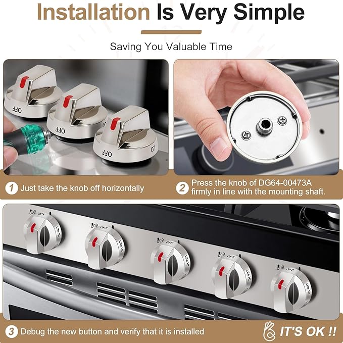 DG64-00473A Upgraded Gas Stove Knobs Compatible with Samsung Stainless Steel Gas Range Stove Knobs Replacements Nx58f5700ws Nx58h5600ss Nx58h5650ws Nx58j7750ss (1 pc)
