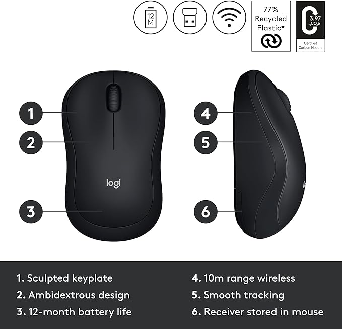 Logitech M185 Wireless Mouse, 2.4GHz with USB Mini Receiver, 12-Month Battery Life, 1000 DPI Optical Tracking, Ambidextrous, Compatible with PC, Mac, Laptop - Black