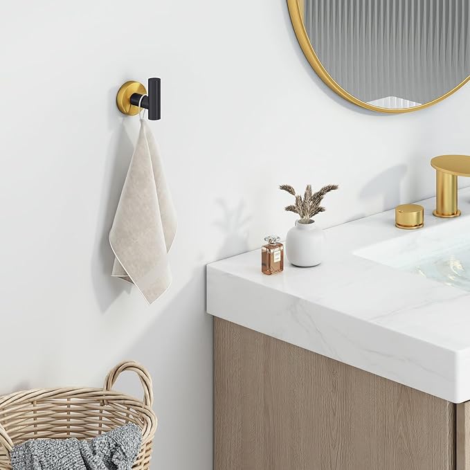 Angle Simple Towel Hook Black Gold, Stainless Steel Bathroom Towel Holder, Round Clothing Robe Hook Wall Mount