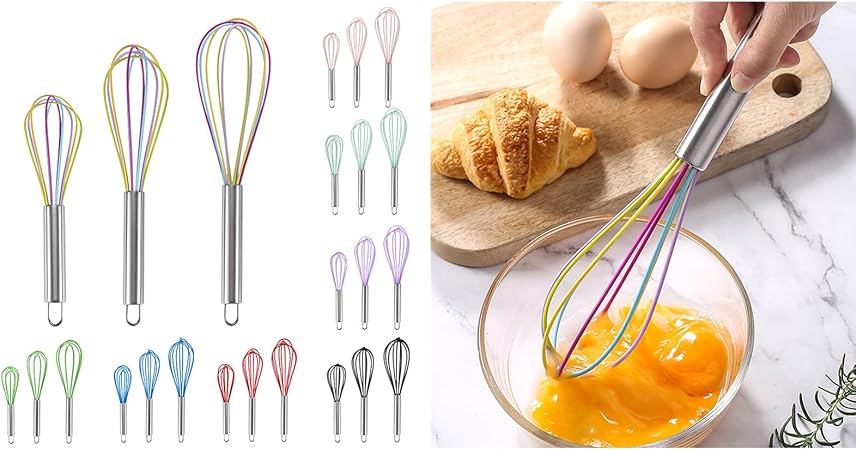 Manual Silicone Whisk Manual Eggs Beater Durable Kitchen Pastry Tools Cake Baking Utensil Mixer for Baking and Cooking, 12 inches, Pink