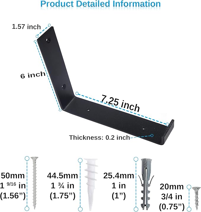 Shelf Brackets 2 Pack Heavy Duty Floating 7.25" L x 6.0" H x 1.5" W Black Metal Shelves Wall Mounted Rustic Iron J Shelf Brackets with Lip for DIY Open Shelving Brackets